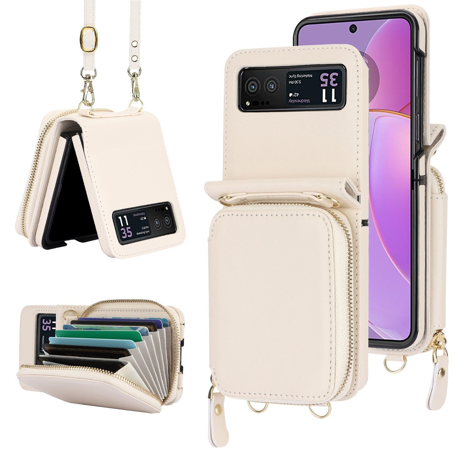 Étui en cuir avec fermeture éclair pour téléphone portable Samsung Galaxy Z Flip 3/4/5, porte-cartes 
