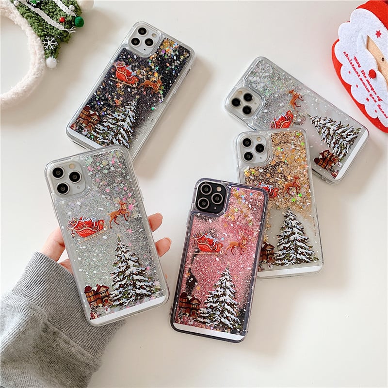 🎄Coque de téléphone portable pour iPhone avec motif de poudre flash sur le thème de Noël