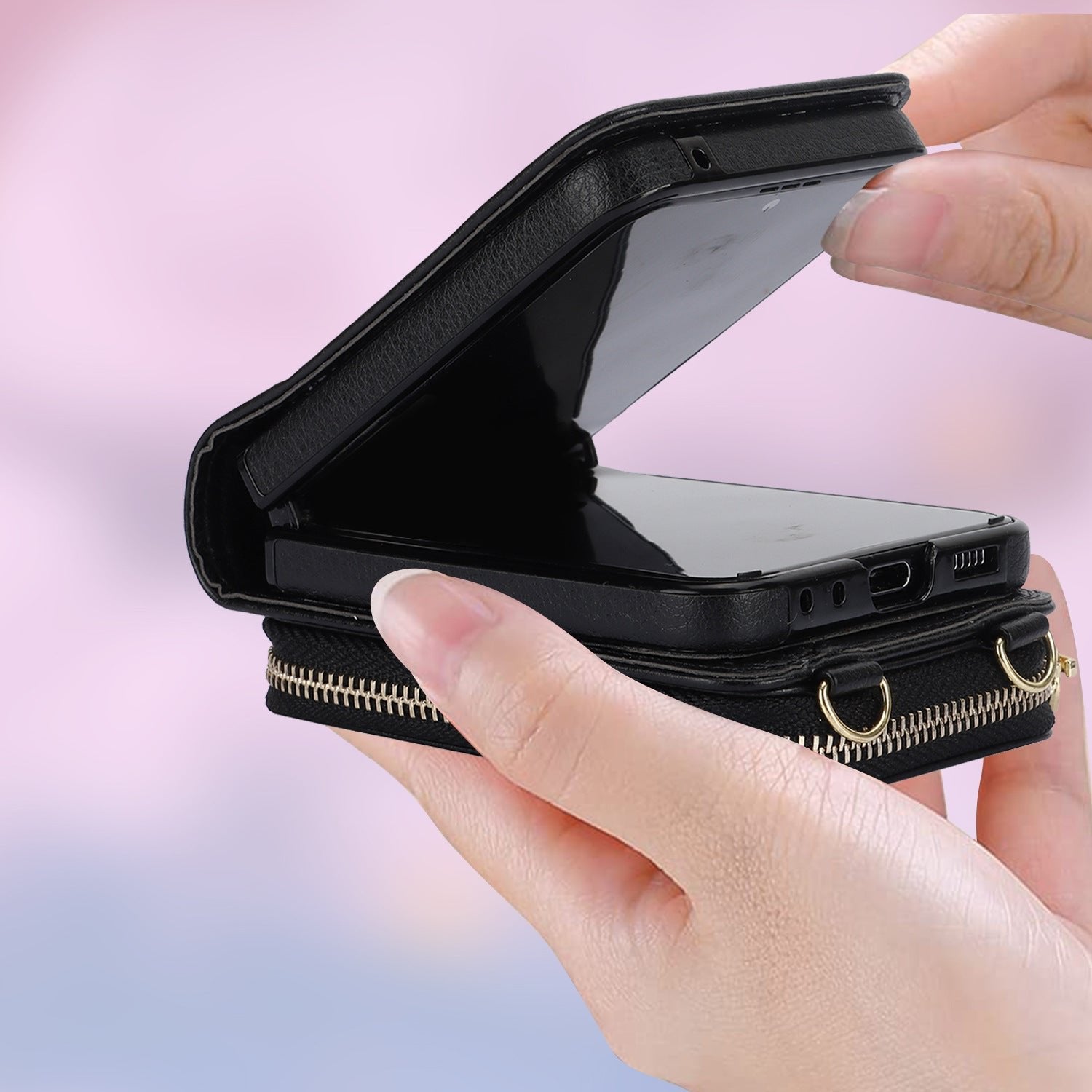 Étui en cuir avec fermeture éclair pour téléphone portable Samsung Galaxy Z Flip 3/4/5, porte-cartes 