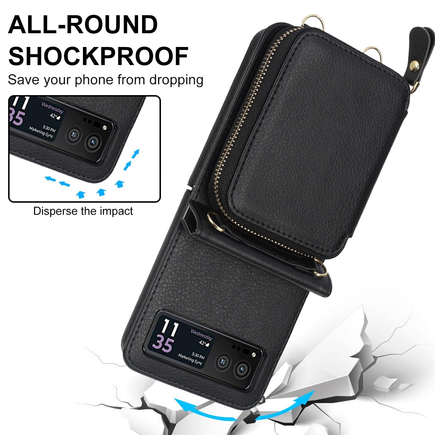 Étui en cuir avec fermeture éclair pour téléphone portable Samsung Galaxy Z Flip 3/4/5, porte-cartes 