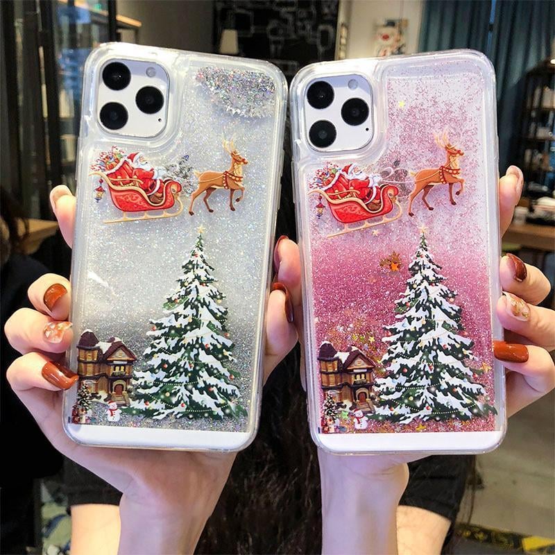 🎄Coque de téléphone portable pour iPhone avec motif de poudre flash sur le thème de Noël