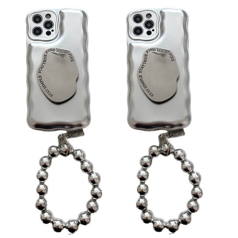 Coque coussin d'air avec bracelet en perles argentées mates pour iPhone 