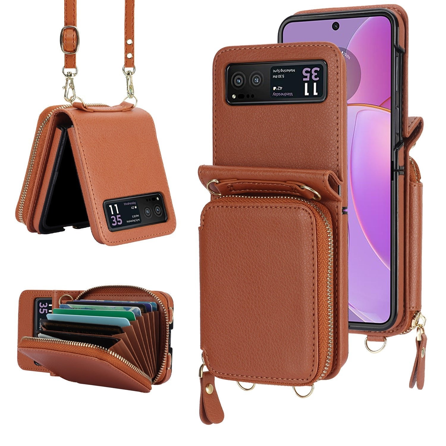 Étui en cuir avec fermeture éclair pour téléphone portable Samsung Galaxy Z Flip 3/4/5, porte-cartes 