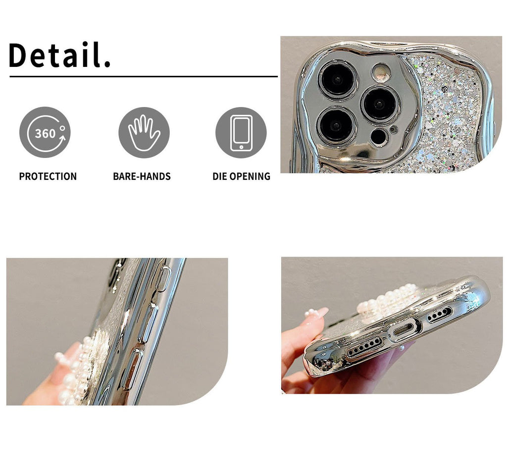 Étui de luxe léger à paillettes et chaîne de perles pour iPhone