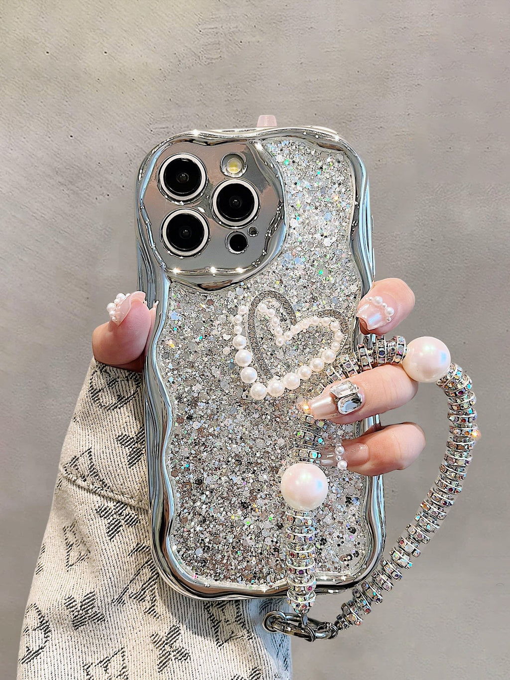 Étui de luxe léger à paillettes et chaîne de perles pour iPhone