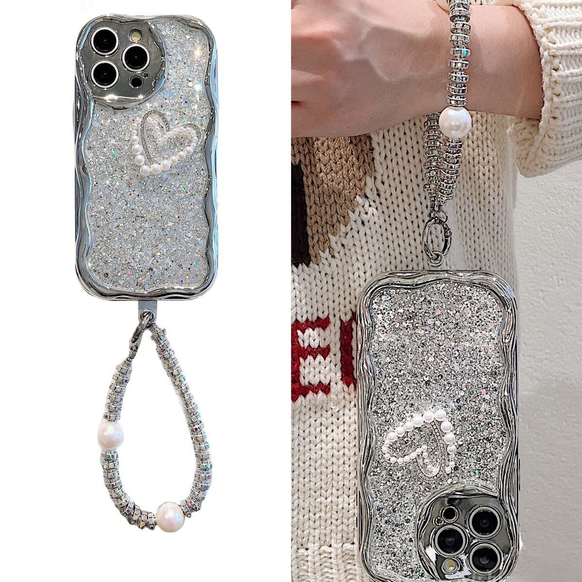 Étui de luxe léger à paillettes et chaîne de perles pour iPhone