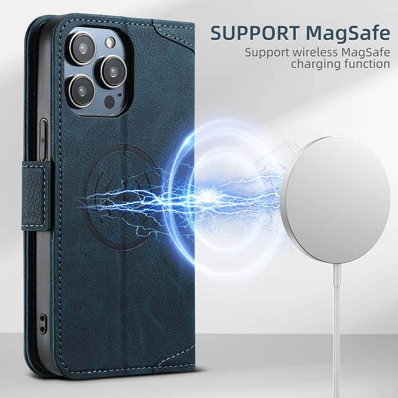 Portefeuille en cuir compatible avec étui de chargement magnétique pour iPhone