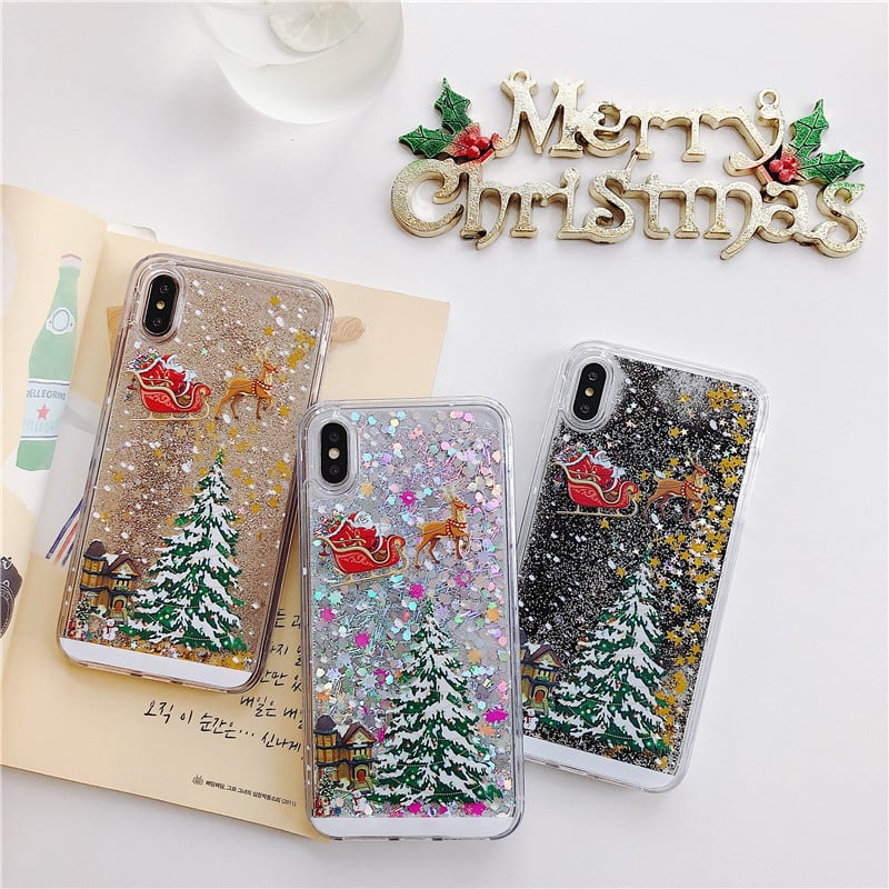 🎄Coque de téléphone portable pour iPhone avec motif de poudre flash sur le thème de Noël